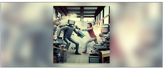 ▲카카오브레인이 선보인 이미지 생성 AI '비 에디트'에게 "일자리를 놓고 AI와 싸우고 있는 할리우드 작가들의 모습을 그려달라"고 한 결과물이다. "AI의 노예가 된 헐리우드 작가들의 모습"이란 명령어를 입력했더니 규정에 맞지 않는다며 이미지 생성을 거부했다.