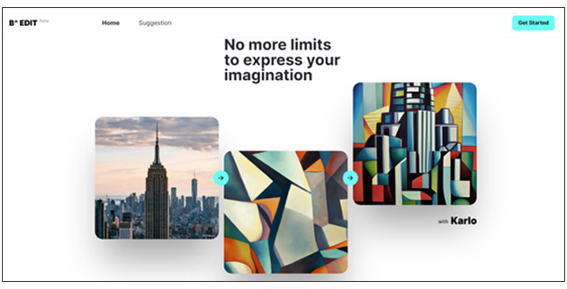 ▲카카오브레인의 초거대 AI 이미지 생성 모델 '칼로'를 기반으로 한 프로그램을 통해 건물의 이미지를 미술작품처럼 변환하는 모습. 카카오브레인 홈페이지.