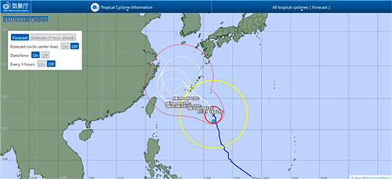 일본 기상청이 31일 정오 발표한 카눈 예상 경로 