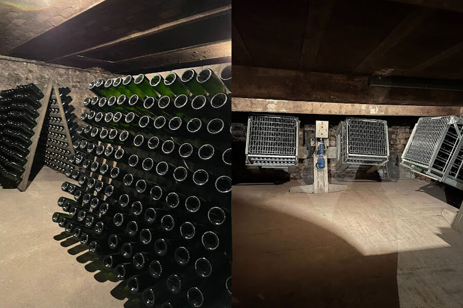 효모 찌꺼기를 병목으로 모으기 위해 사용하는 선반 푸피트르(좌)와 기계식 장치 지로 팔레트(우) / 김민정 제공