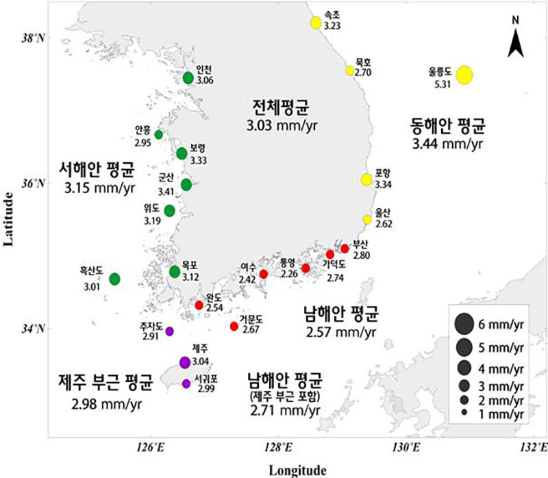 최근 34년간 해수면 상승 분포도