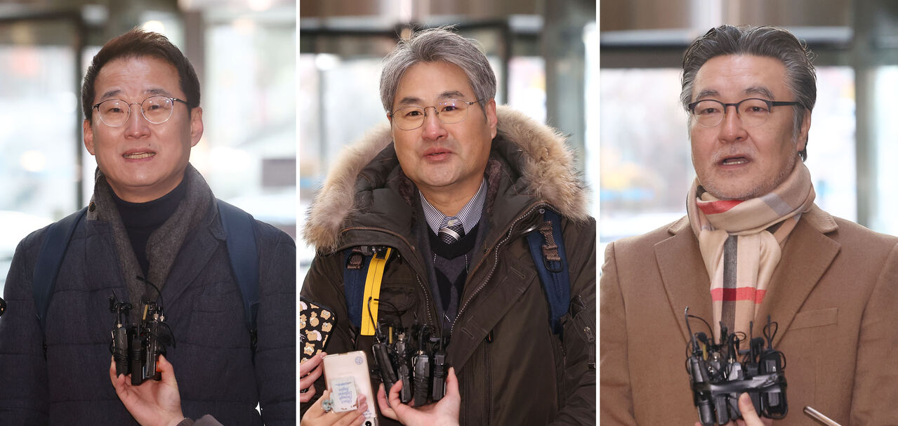 5G 28㎓ 대역 주파수 경매 참가에 나선 세종텔레콤 이광모 입찰대리인, 스테이지엑스 한윤제 입찰대리인, 마이모바일 윤호상 입찰대리인(왼쪽부터) (사진=연합뉴스)