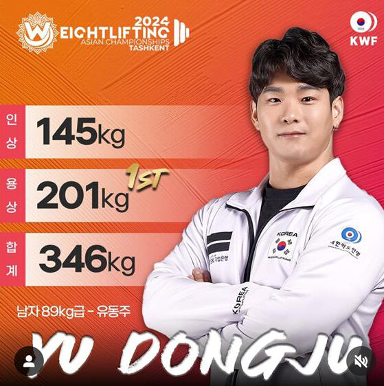 아시아역도선수권 남자 89kg급 용상 1위에 오른 유동주 (사진=대한역도연맹 인스타그램 캡처, 연합뉴스)