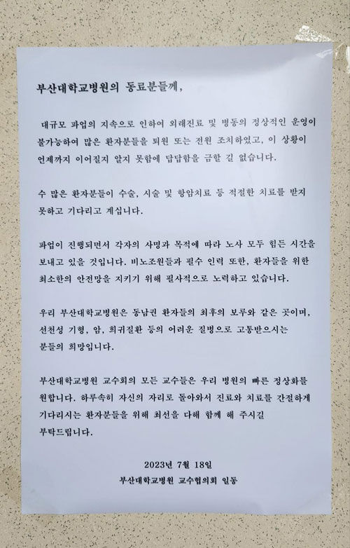 7개월 전 부산대병원교수협의회 글 (사진=연합뉴스)