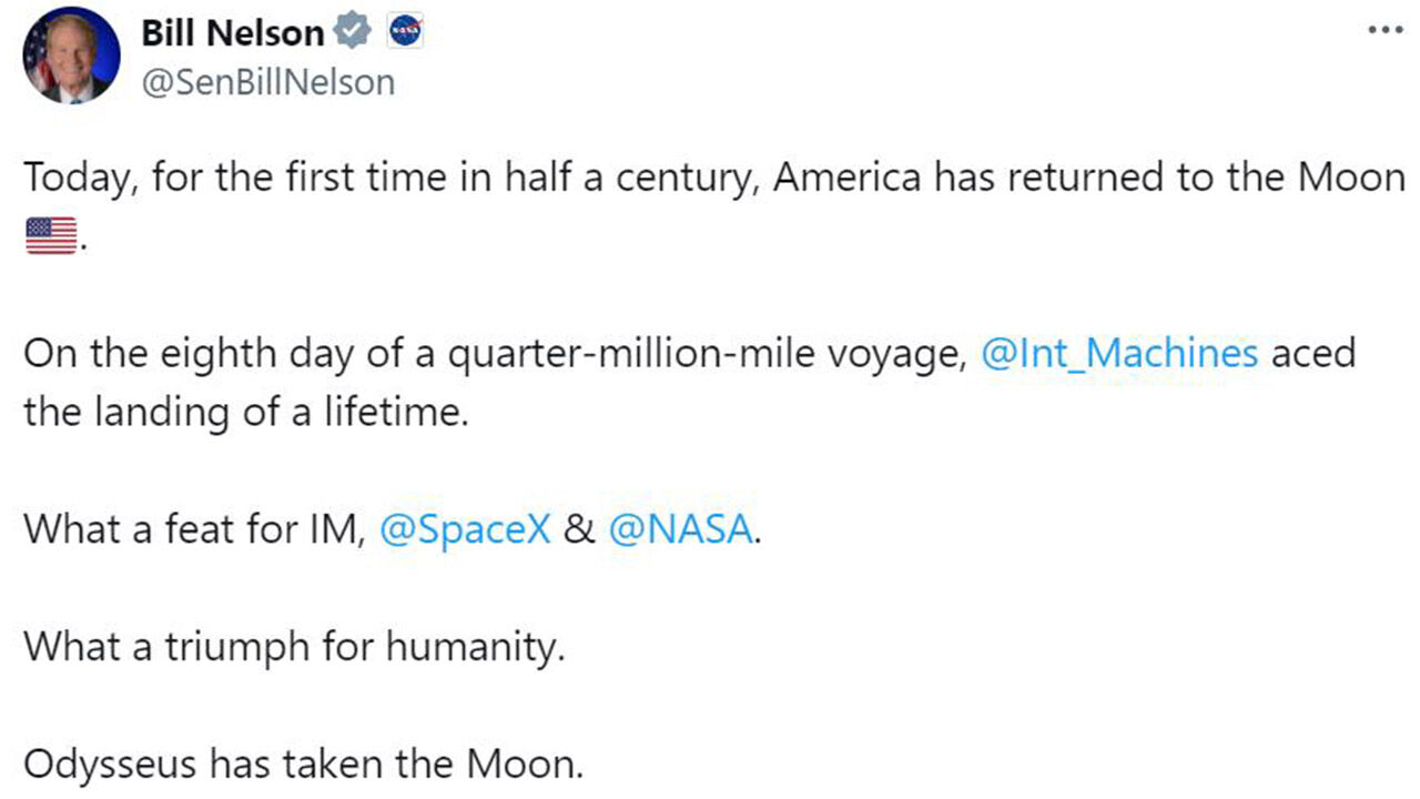 빌 넬슨 NASA 국장이 소셜미디어 X에 올린 글