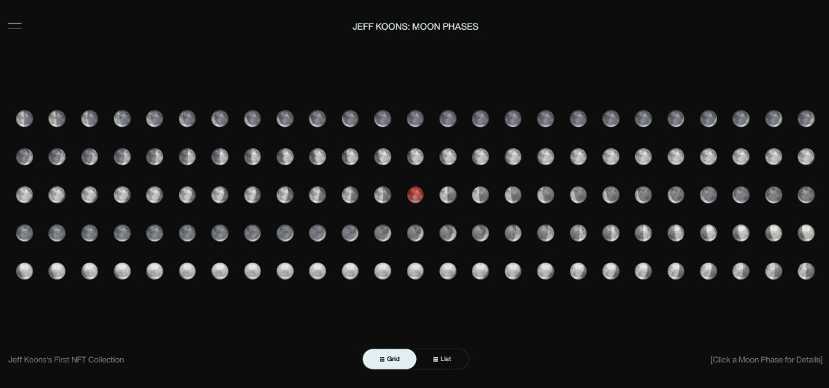 '월상' NFT. 웹페이지(https://jeffkoonsmoonphases.com/)에서 총 125점의 조각품 이미지를 살펴볼 수 있다. 