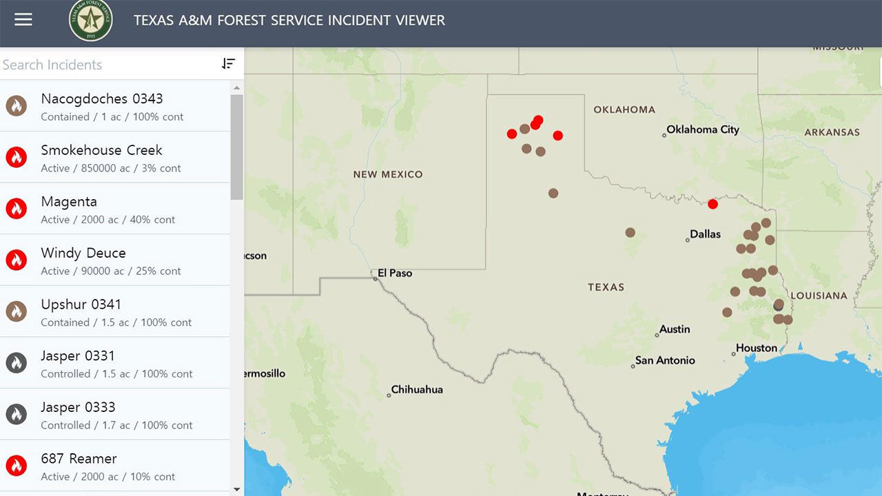 텍사스주의 산불 피해 지역 지도 (사진=텍사스 산림청(Texas A&M Forest Service) 웹사이트 캡처, 연합뉴스)