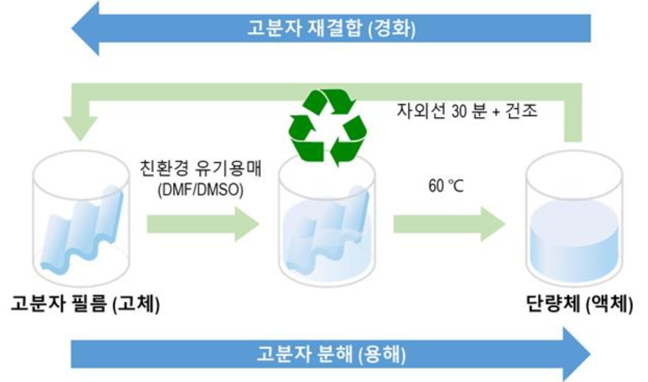 열경화성 고분자 필름이 용해되고 다시 굳혀지는 과정. 