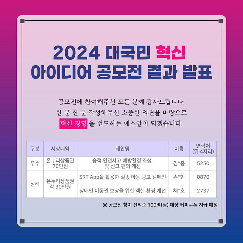 SR 대국민 혁신 아이디어 공모전 결과 발표 (사진=SR 제공, 연합뉴스)