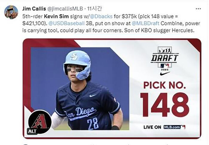 케빈 심의 계약 소식을 알리는 짐 칼리스 기자 (사진=MLB닷컴 짐 칼리스 기자 엑스 캡처, 연합뉴스)