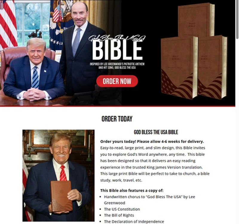 트럼프 전 대통령의 성경책 판촉 (사진=판매 사이트(https://godblesstheusabible.com) 캡처, 연합뉴스)