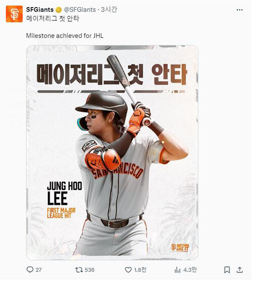 SNS서 한글로 이정후 첫 안타 알린 샌프란시스코 구단