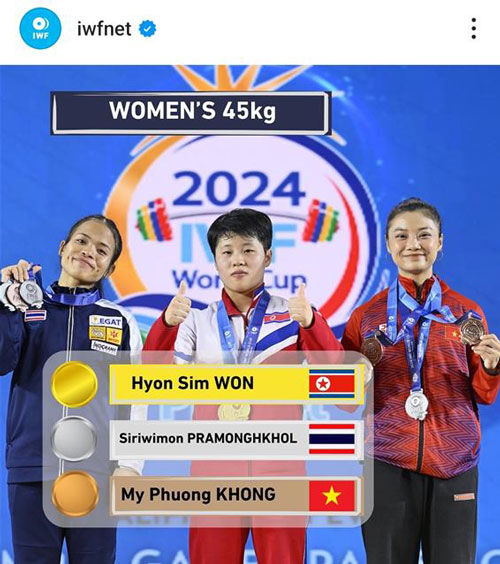 IWF 월드컵 여자 45㎏급 세계신기록 세우며 우승한 북한 원효심 (사진=국제역도연맹 인스타그램 캡처, 연합뉴스)