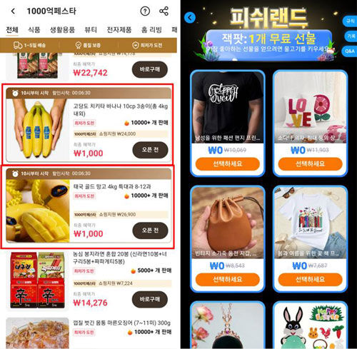 알리익스프레스의 '천원딜'(왼쪽)과 테무의 피쉬랜드 무료쇼핑 이벤트