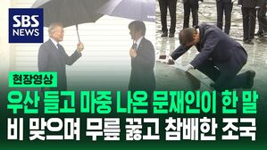 [영상] 우산 쓰고 마중 나온 문재인에 웃으며 인사한 조국&hellip;고 노무현 전 대통령 묘역에선 비 맞으며 무릎 꿇고 참배