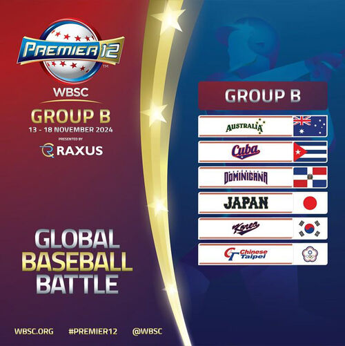 2024 WBSC 프리미어12 B조에 속한 나라 (사진=세계야구소프트볼연맹 홈페이지 캡처, 연합뉴스)