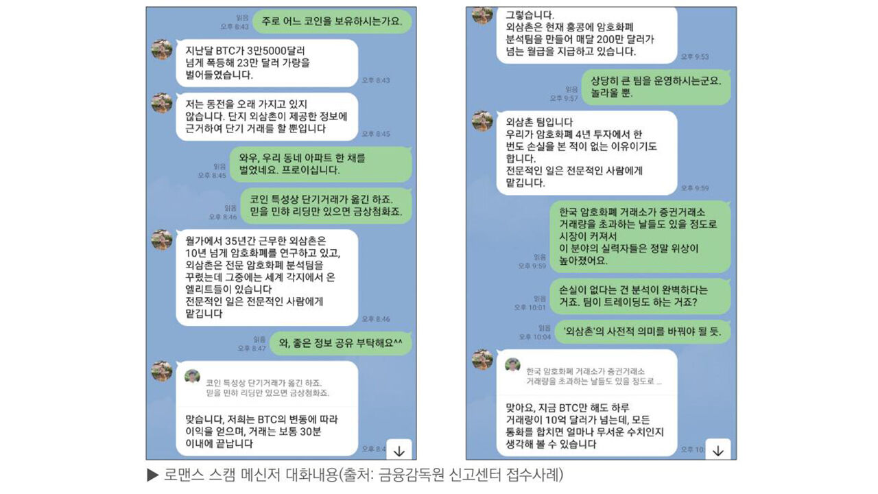로맨스 스캠 메신저 대화내용 