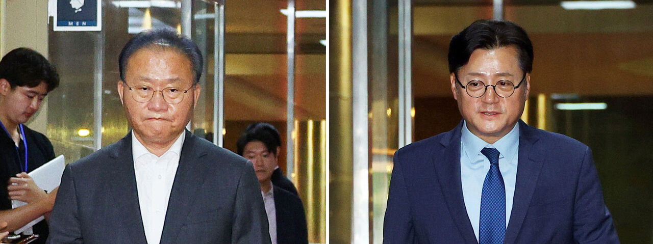 국민의힘 윤재옥 원내대표 겸 당 대표 권한대행(왼쪽 사진)과 더불어민주당 홍익표 원내대표가 23일 국회의장 주재 여야 원내대표 회동을 위해 의장실로 향하고 있다. (사진=연합뉴스)