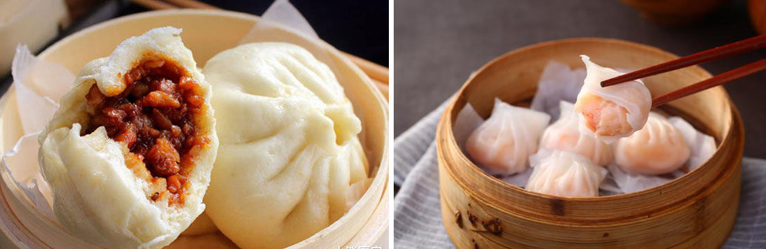 (좌) 차슈바오(叉燒包), (우) 하가우(蝦餃). 출처 : 바이두