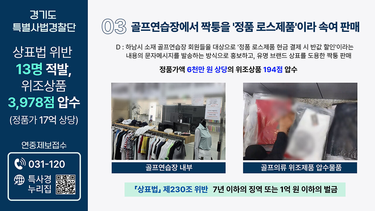 골프연습장서 짝퉁제품 판매 (사진=경기도 제공, 연합뉴스)