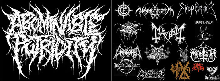 데스메탈 밴드 'Abominable Putridity(가공할 부패)' 로고(왼쪽), 그리고 'Mayhem' 'Emperor' 등 블랙메탈 밴드들의 로고 모음