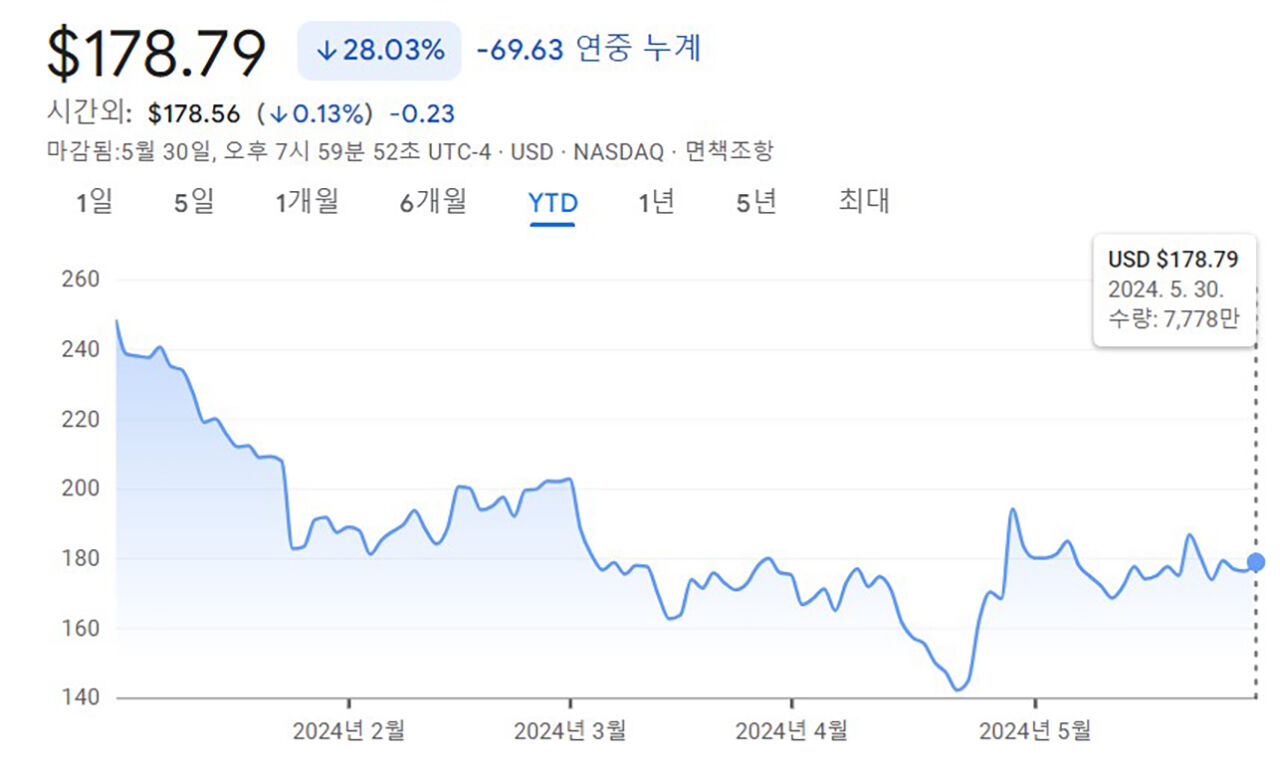 테슬라 주가. 구글 금융 캡처