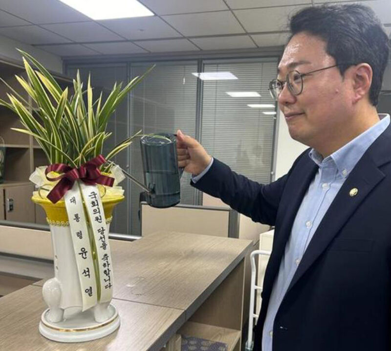 개혁신당 천하람 원내대표가 축하 난에 물을 주는 모습
