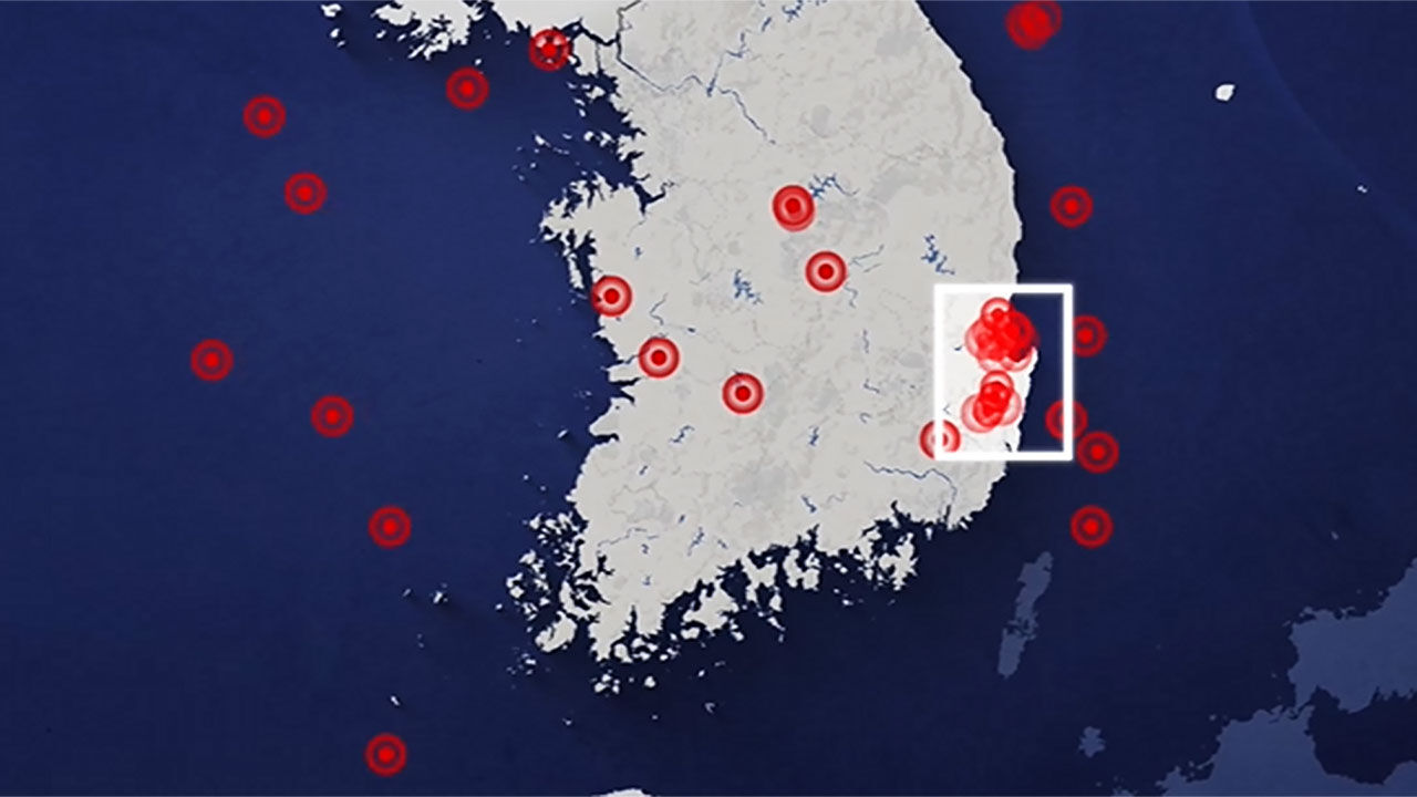 지진 규모 3.5 이상 지진 표시된 지역, 경상권 지역