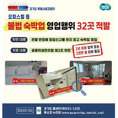경기도 특별사법경찰단, 불법 숙박업 영업행위 32곳 적발 (사진=경기도 제공, 연합뉴스)