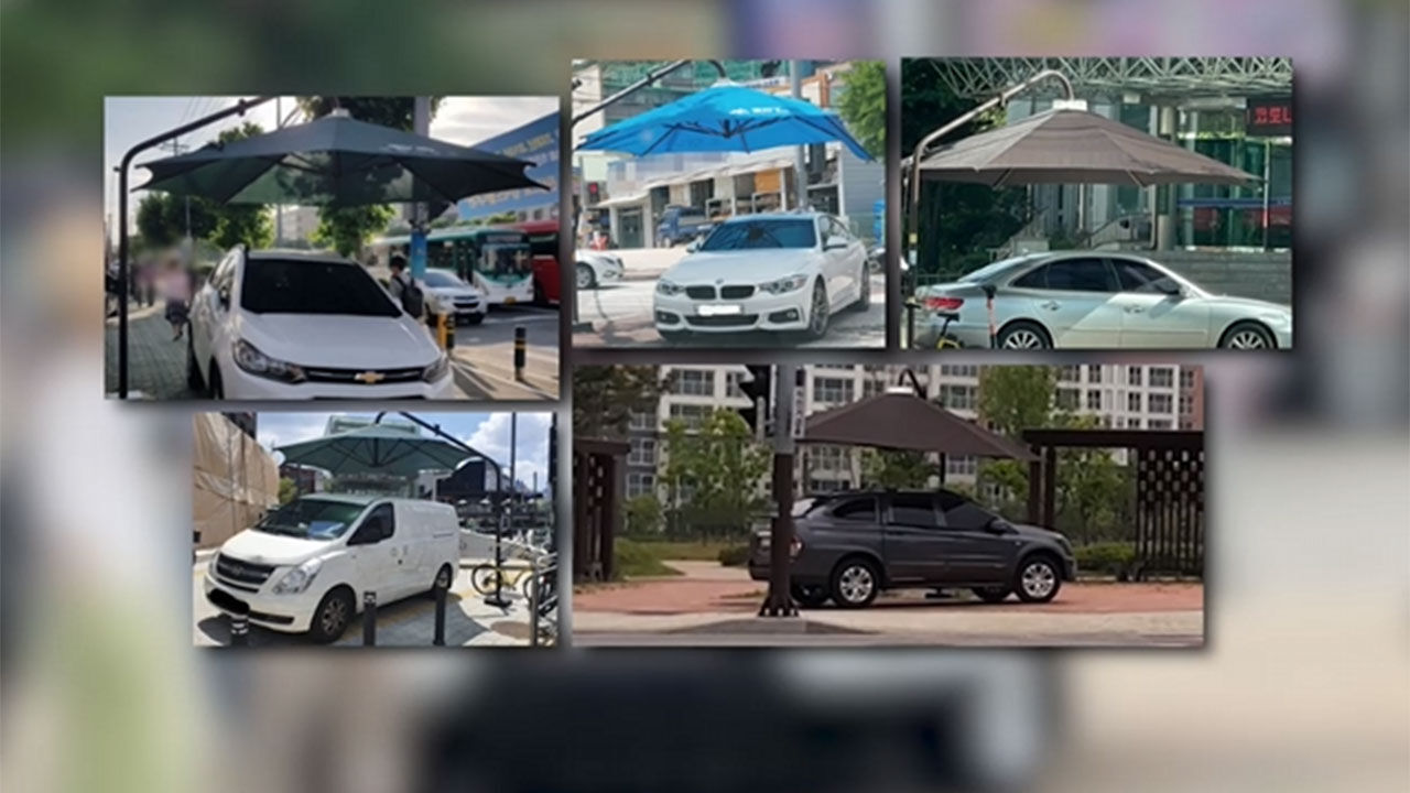 횡단보도 옆 그늘막 아래 얌체 주차