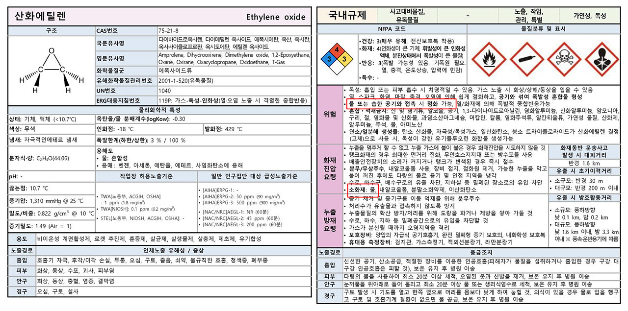 '사고대비물질 키인포가이드'에 산화에틸렌에 대해 '물 또는 습한 공기와 접촉 시 점화 가능'이라는 정보와 소화제가 '물'이라는 정보가 같이 실린 모습