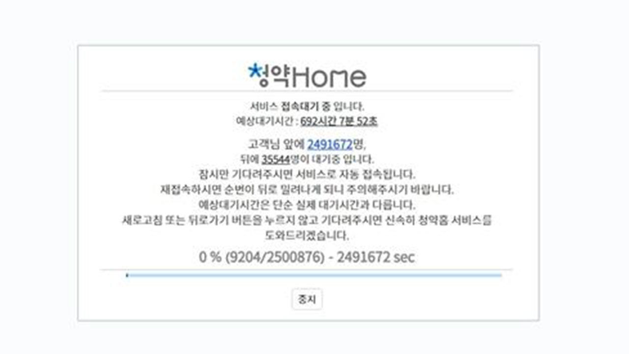 동탄역 롯데캐슬 무순위 청약 당일 대기시간이 692시간으로 안내되는 청약홈