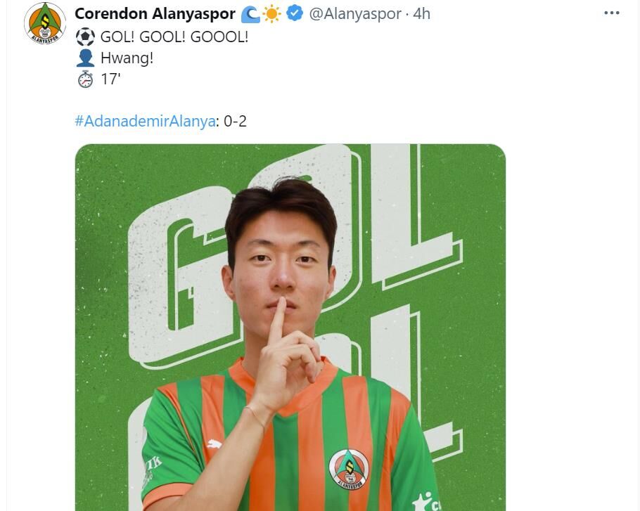 알라니아스포르 구단이 사회관계망서비스로 전한 황의조의 골 소식 (사진=알라니아스포르 사회관계망서비스 캡처, 연합뉴스)