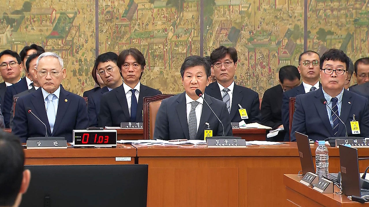 2024년 9월 24일 국회에서 열린 문화체육관광위원회 전체 회의에서 참석한 정몽규 대한축구협회장(앞)과 축구 국가대표팀 홍명보 감독