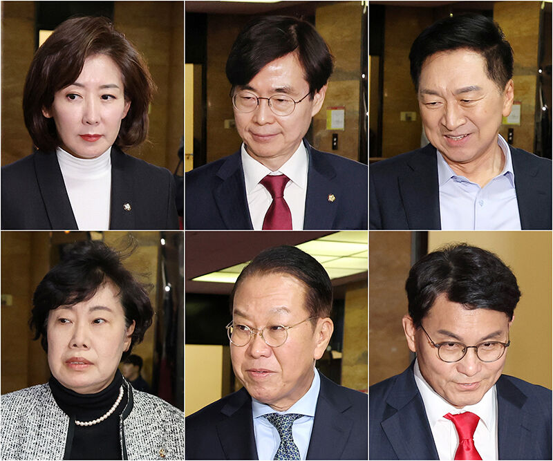 국민의힘 5~6선 의원들이 6일 한동훈 대표와의 간담회에 참석하기 위해 당 대표실로 이동하고 있다. 왼쪽부터 시계방향으로 나경원, 조경태, 김기현, 윤상현, 권영세, 조배숙 의원 (사진=연합뉴스)