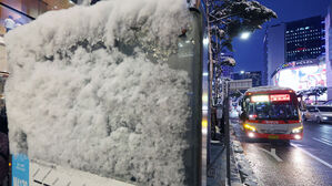 서울 지역에 많은 눈이 내린 11월 27일 오후 서울 중구 명동 버스정류장 안내판에 눈이 쌓여 있다.