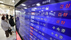 눈보라에 제주발 항공 무더기 결항&hellip;대한항공 18시 35분까지 결항