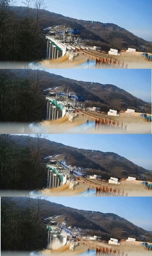 사진 위에서부터 아래로 교각 위 거더가 순식간에 아래로 붕괴하는 모습 (사진=경찰 제공, 연합뉴스) (사진=연합뉴스)