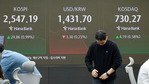 25일 서울 중구 하나은행 본점 딜링룸에서 딜러들이 업무를 보고 있다. 이날 코스피는 전 거래일보다 22.26p(0.88%) 오른 2,544.59로 개장했다.