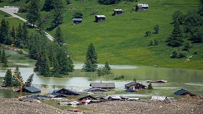 The village of Blatten in Valais, Switzerland, submerged in water following a landslide