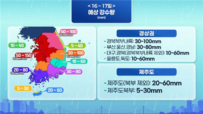 16∼17일 예상 강수량 (사진=기상청 제공, 연합뉴스)