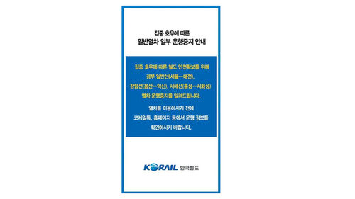 코레일 "경부선·장항선·서해선 일부 일반열차 운행 중지"