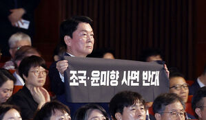 경축사 마친 이 대통령 향해 '슥'…기습 시위 벌인 안철수