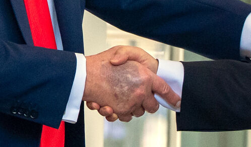 25일(현지시간) 백악관에서 이재명 대통령과 악수하는 도널드 트럼프 미국 대통령(왼쪽)의 오른손 손등에 멍으로 보이는 검푸른 자국이 포착됐다. (사진=AP, 연합뉴스)