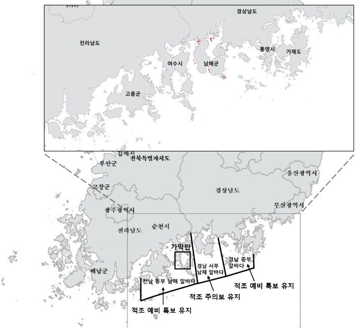 적조 특보 발효 해역 (사진=국립수산과학원 제공, 연합뉴스)