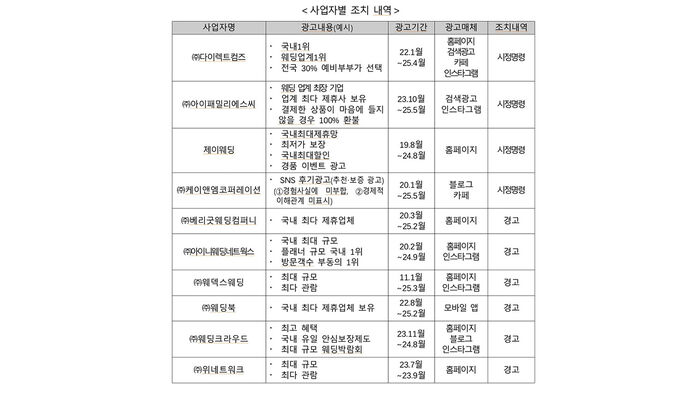 사업자별 조치 내역 