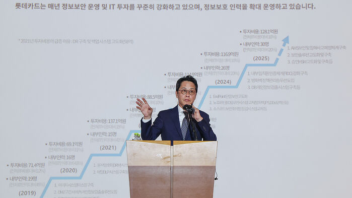 조좌진 롯데카드 대표이사가 지난 18일 서울 중구 부영태평빌딩에서 해킹 사고로 인한 고객 정보 유출사태에 대해 대고객 사과를 마친 뒤 취재진 질문에 답변하고 있다.
