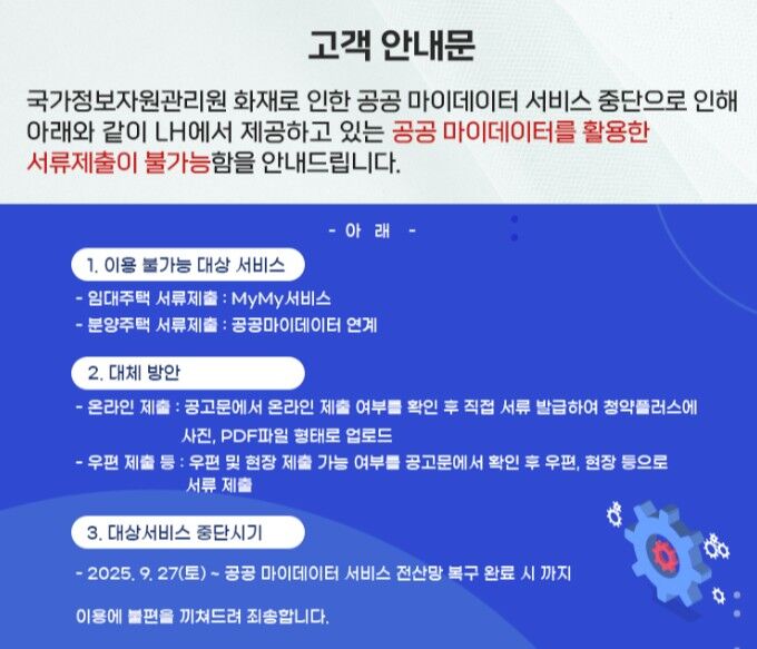 국정자원 화재로 인한 공공 마이데이터 서비스 중단으로 LH에서 제공하고 있는 공공 마이데이터를 활용한 서류제출이 불가능하다는 고객 안내문 (사진=LH 홈페이지 캡처, 연합뉴스)