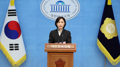 민주당 백승아 원내대변인이 지난 2월 16일 서울 여의도 국회 소통관에서 기자회견을 열고 당론으로 추진하기로 한 '하늘이법' 입법 방향을 설명하고 있다.