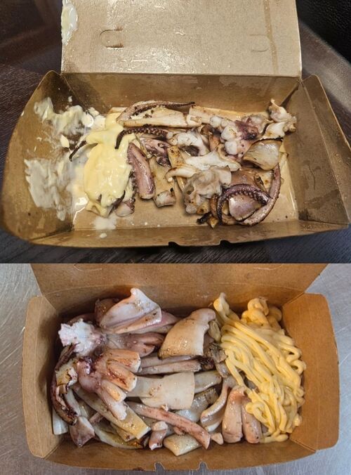 온라인 커뮤니티 보배드림에 게시된 철판오징어 사진(위)과 서귀포매일올레시장 상인회가 제공한 철판오징어 사진 (사진=연합뉴스)
